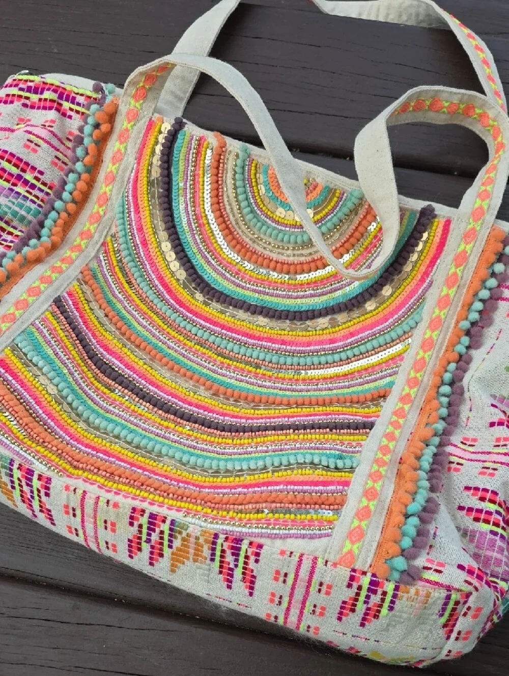 Bohemian Multicolor Embroidered Throw Bag with Pom Trim
